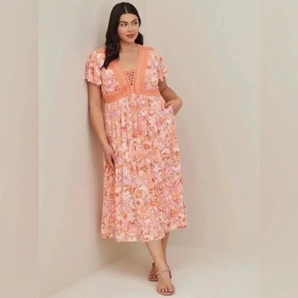 Torrid Lace Up Tea Length Dress Crinkle Floral Coral Plus Size 2X Midi Dress - Picture 2 of 6